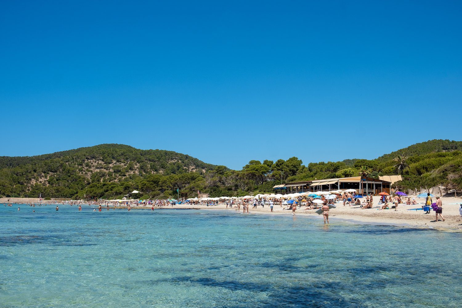 Cala Vadella beach with beach bar and swimmers
